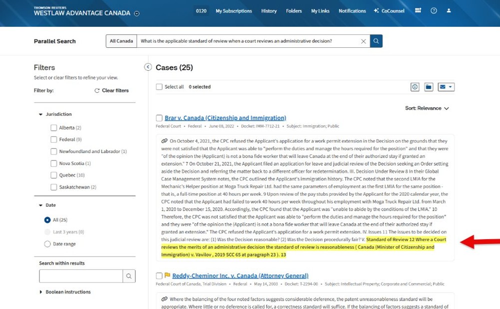 Screenshot of Westlaw Advantage Canada's Parallel Search results for a legal research question, with a highlighted passage showing the relevant standard-of-review language in a case.