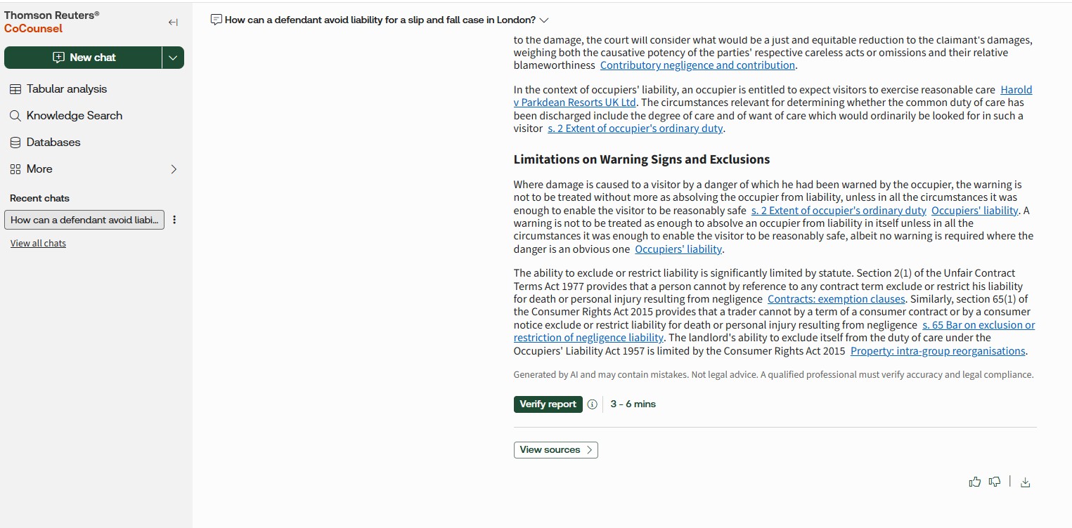 Screenshot of a CoCounsel AI research report on avoiding liability in a UK slip-and-fall case, with linked legal citations and a "Verify report" option.