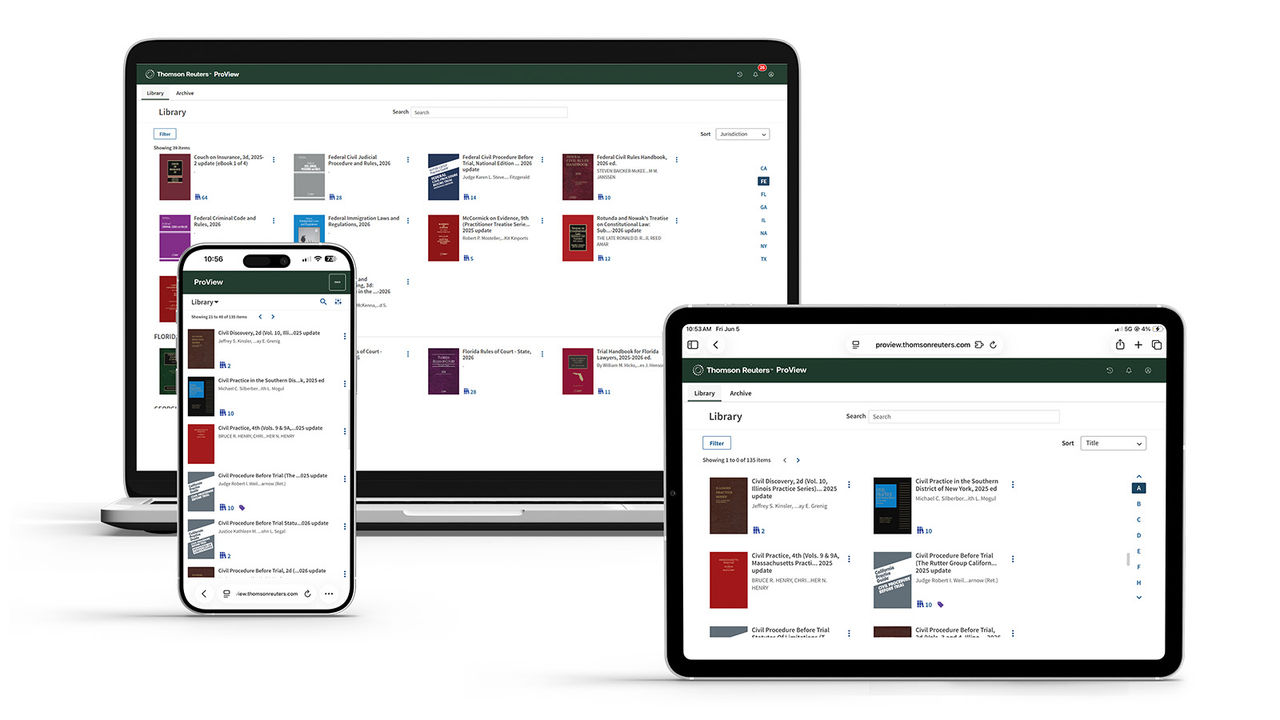 Desktop, mobile and tablet screenshots of Thomson Reuters ProView Library